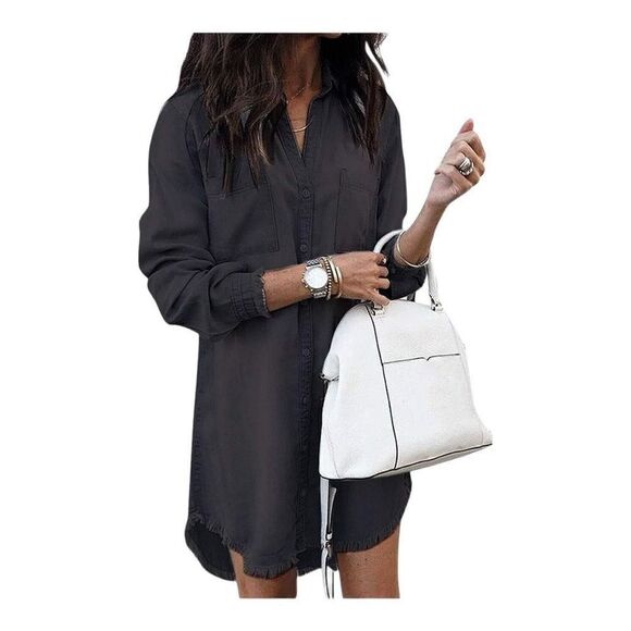 NWT Womens Zilcremo Black Button Down Rae Hem Shirt Dress - Sz L - Picture 1 of 2